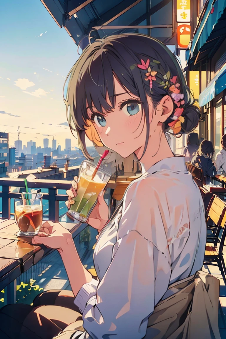 NSFW:1.7,(Highest quality:1.4、masterpiece:1.4、Very detailed:1.4、Ultra-high resolution:1.4、8k:1.4)、The body is slim、Big Breasts、((((1 person、Surprised expression、sit、Chair、In the background you can see the urban buildings of Tokyo.、Looking into the camera、Outdoor cafe terrace、juice、Let's get closer and take a photo、table、Very cute face))))、((((nude、very beautiful areola))))、(Pose with hands behind ears:1.5、Place your cheek on your hand:1.5)、(((Take off your black off-the-shoulder zippered jacket)))、Very blue sky、cloudless sky, touch pussy, masturbation,naked