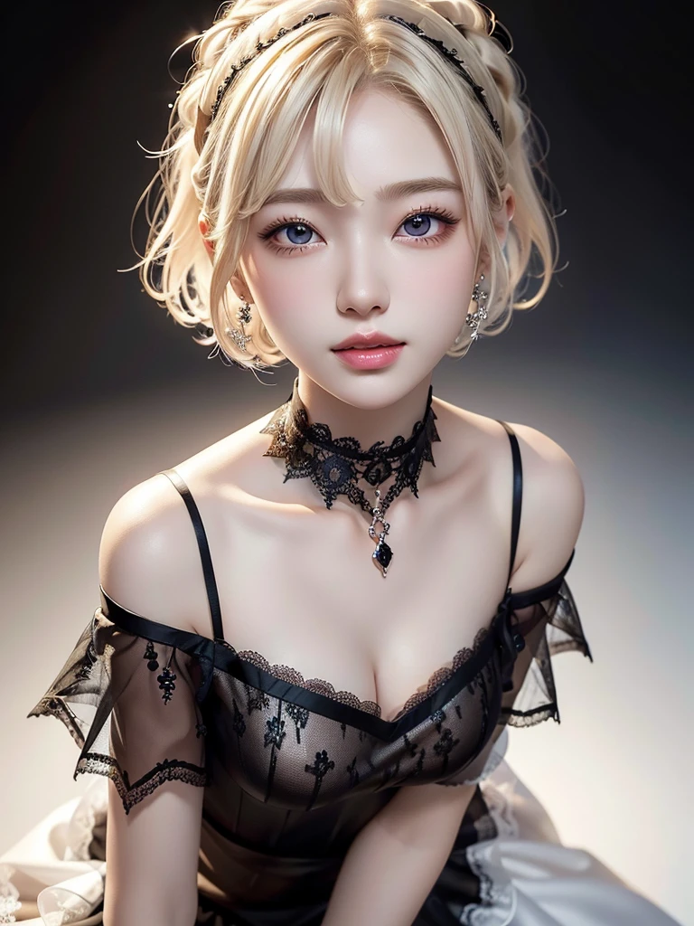 8k,Confused, High resolution, Very detailed, 1 girl, alone, Very beautiful eyes, Ultra-precise depiction, Artistic、Very detailed depiction, (Tangled:1.2), , (White high key background:1.5), (((Black lace off-shoulder dress 1.5))), 、 short hair、Earrings and Necklaces、Platinum Blonde Hair, (Glowing Skin), Many colors, , (Shooting from above:1.2),、Flat Body、slim、cute、、Round face、Cast a Shadow、、Smile 1.3