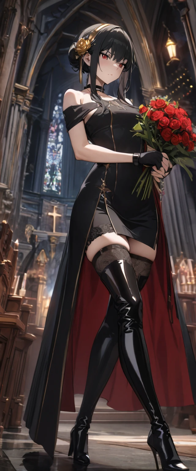 UHD, masterpiece, High Quality, High details, church, moon light, midnight, YorForger, 1girl, black hair, red eyes, short hair with long locks, gold hairband,hair flower, black choker, black dress, sleeveless, off shoulder, fingerless gloves, black footwear, thigh high heel boots, slim arms, slim legs, full body pose, seductive pose, front view, standing up, cross legs, hands holding red bouquet of flowers