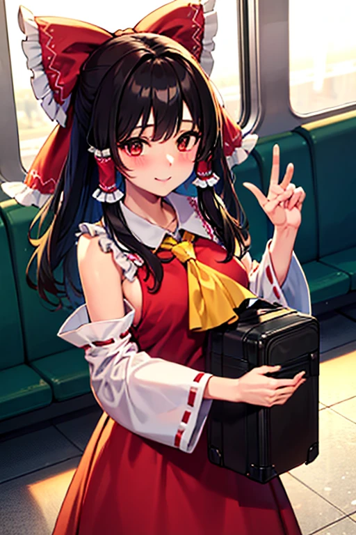 Reimu blushes and looks happy as she carries her luggage on the train.