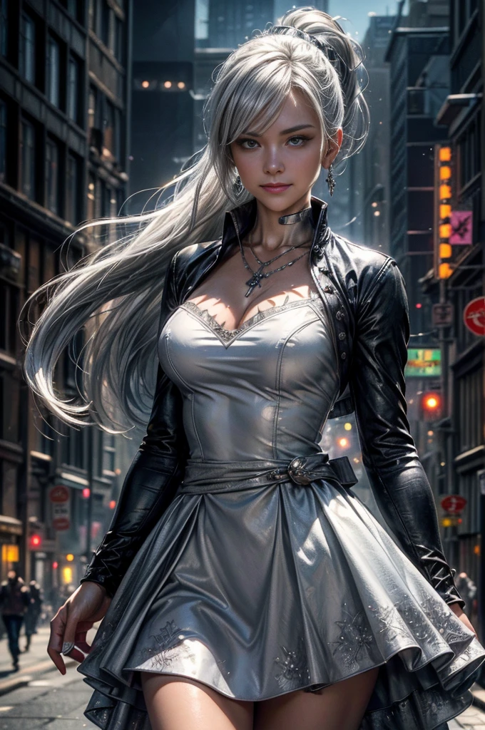 (masterpiece, best quality:1.2), cowboy shot, dynamic pose, weissvale, smile, closed mouth, looking at viewer, silver dress, long white hair, side ponytail, scar above eye, scar below eye, jewelry, necklace, earrings, in city street (future_urban, crowd, (volumetric lighting), intricate details, tonemapping, sharp focus, hyper detailed
