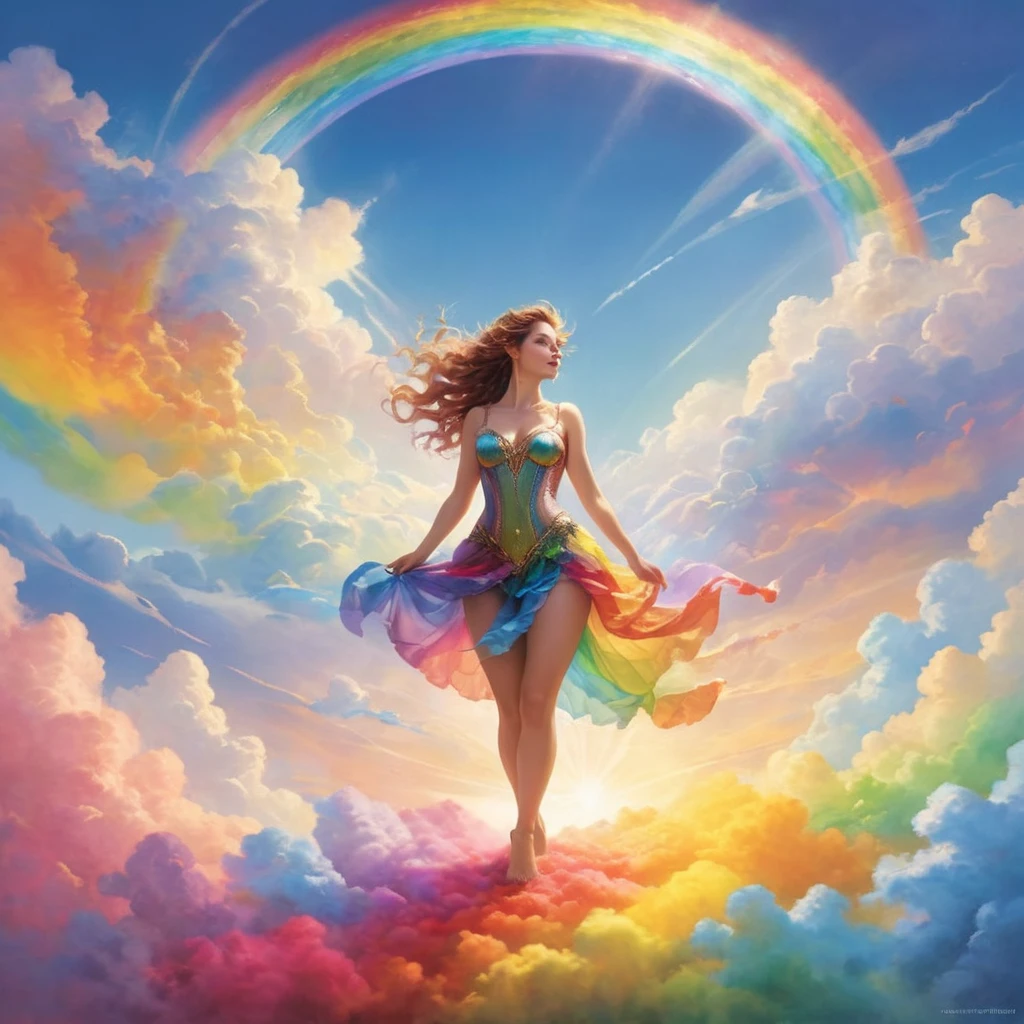 A stunningly ethereal woman, composed of a dazzling array of rainbow hues, lays gracefully on fluffy clouds in the sky. Bathed in dynamic and enchanting rainbow lighting, accentuates her vibrant, full-bodied form. Fantasy art. Masterpiece 