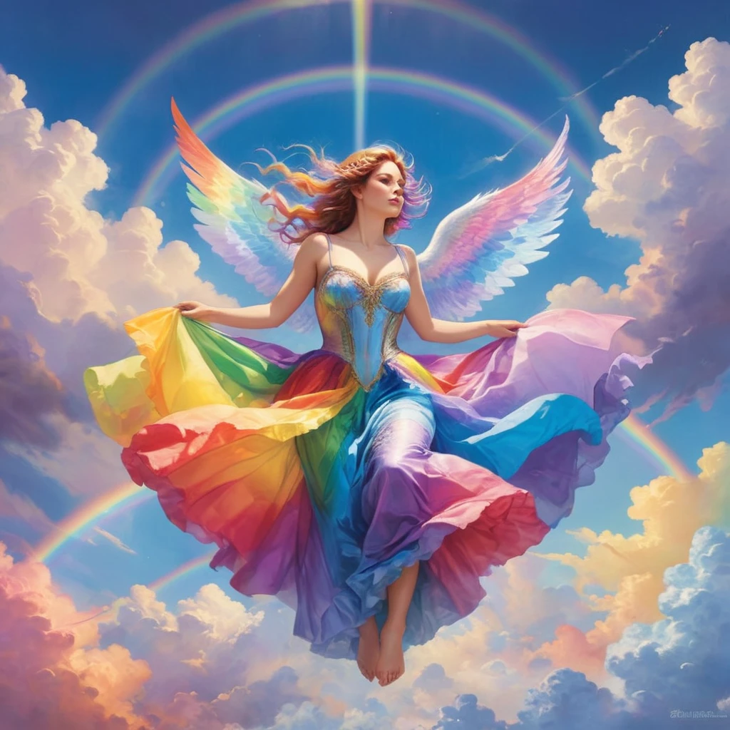 A stunningly ethereal woman, composed of a dazzling array of rainbow hues, lays gracefully on fluffy clouds in the sky. Bathed in dynamic and enchanting rainbow lighting, accentuates her vibrant, full-bodied form. Fantasy art. Masterpiece 