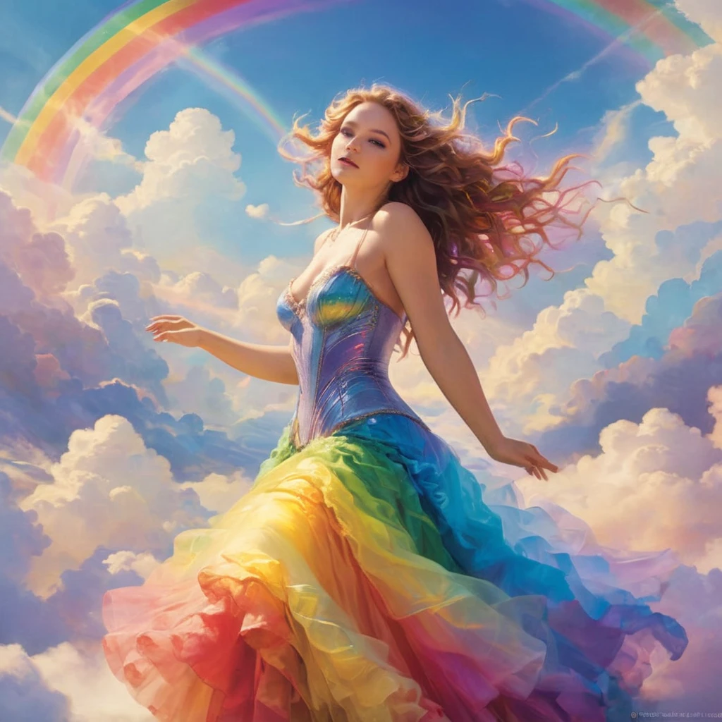 A stunningly ethereal woman, composed of a dazzling array of rainbow hues, lays gracefully on fluffy clouds in the sky. Bathed in dynamic and enchanting rainbow lighting, accentuates her vibrant, full-bodied form. Fantasy art. Masterpiece 