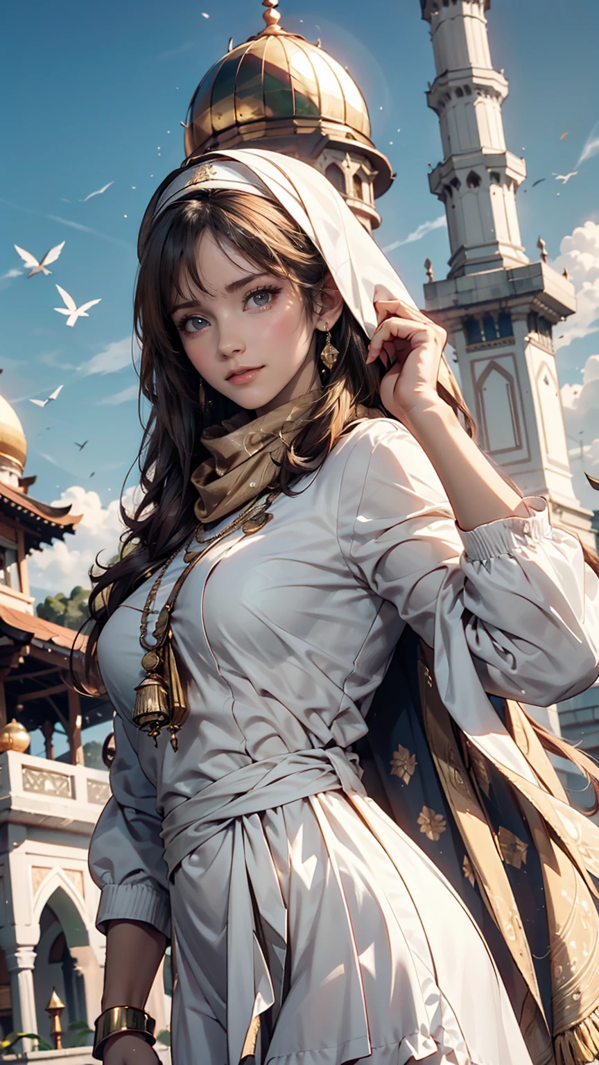 A woman visits the Sultan Omar Ali Saifuddien Mosque in Brunei。She is wearing an elegant long-sleeved dress、A scarf is wrapped around the head。Behind it is the beautiful white dome of the mosque.、I see the golden minaret