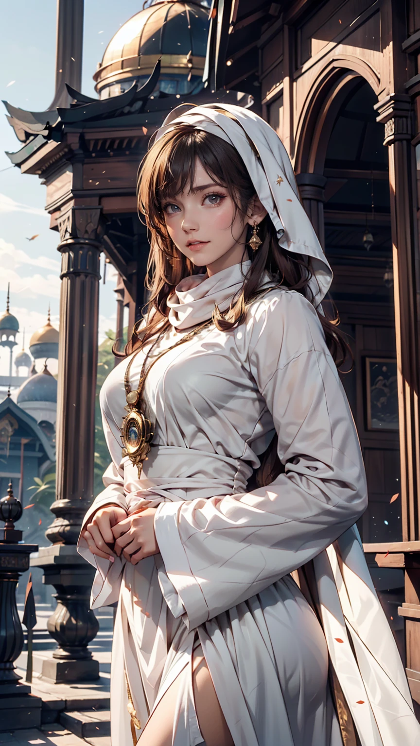A woman visits the Sultan Omar Ali Saifuddien Mosque in Brunei。She is wearing an elegant long-sleeved dress、A scarf is wrapped around the head。Behind it is the beautiful white dome of the mosque.、I see the golden minaret
