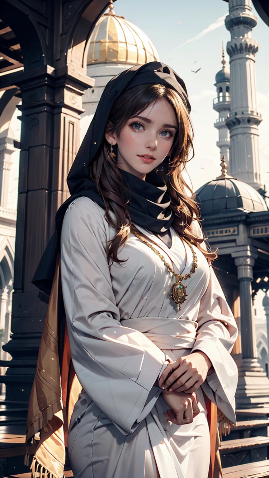 A woman visits the Sultan Omar Ali Saifuddien Mosque in Brunei。She is wearing an elegant long-sleeved dress、A scarf is wrapped around the head。Behind it is the beautiful white dome of the mosque.、I see the golden minaret