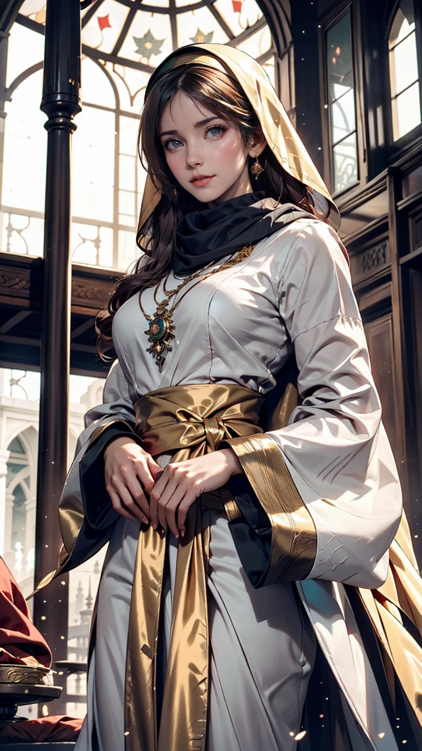 A woman visits the Sultan Omar Ali Saifuddien Mosque in Brunei。She is wearing an elegant long-sleeved dress、A scarf is wrapped around the head。Behind it is the beautiful white dome of the mosque.、I see the golden minaret