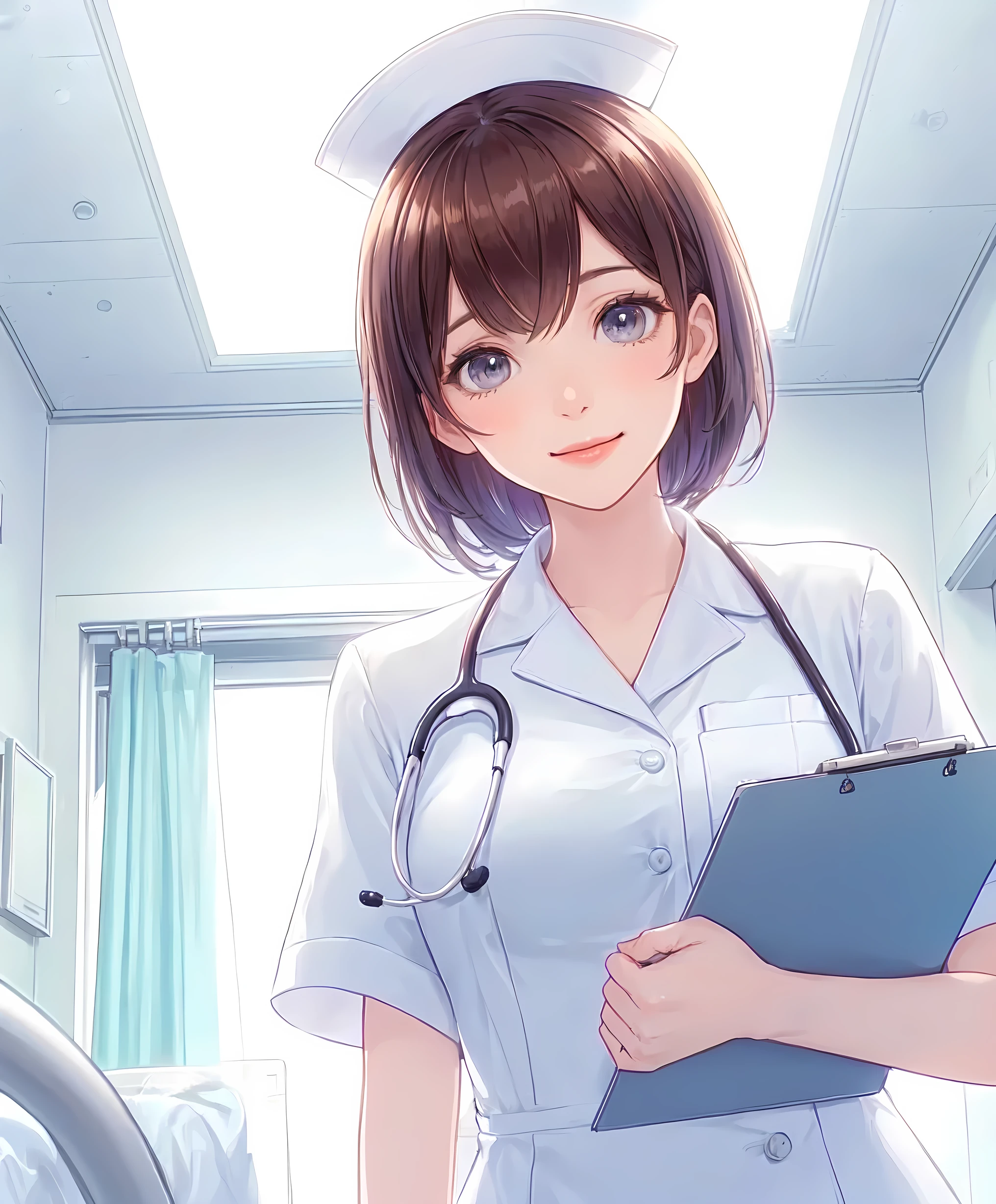 1lady solo, (looking down), (from below), healthcare worker, (nurse uniform), (mature female:0.8), /(brown hair/) bangs, kind smile, (masterpiece best quality:1.2) delicate illustration ultra-detailed, large breasts, (holding clipboard), (stethoscope around neck) BREAK (hospital room) indoors, (bright white ceiling:1.2), (perspective from bed:1.2), detailed background