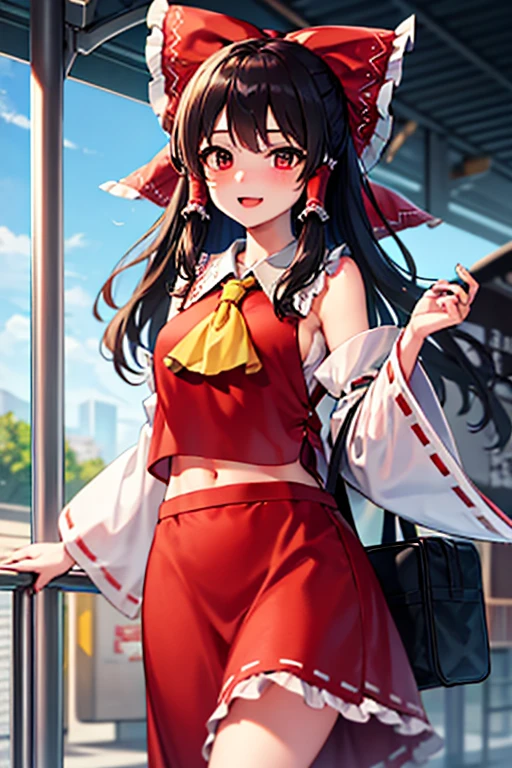Reimu happily talks while carrying her luggage on the train