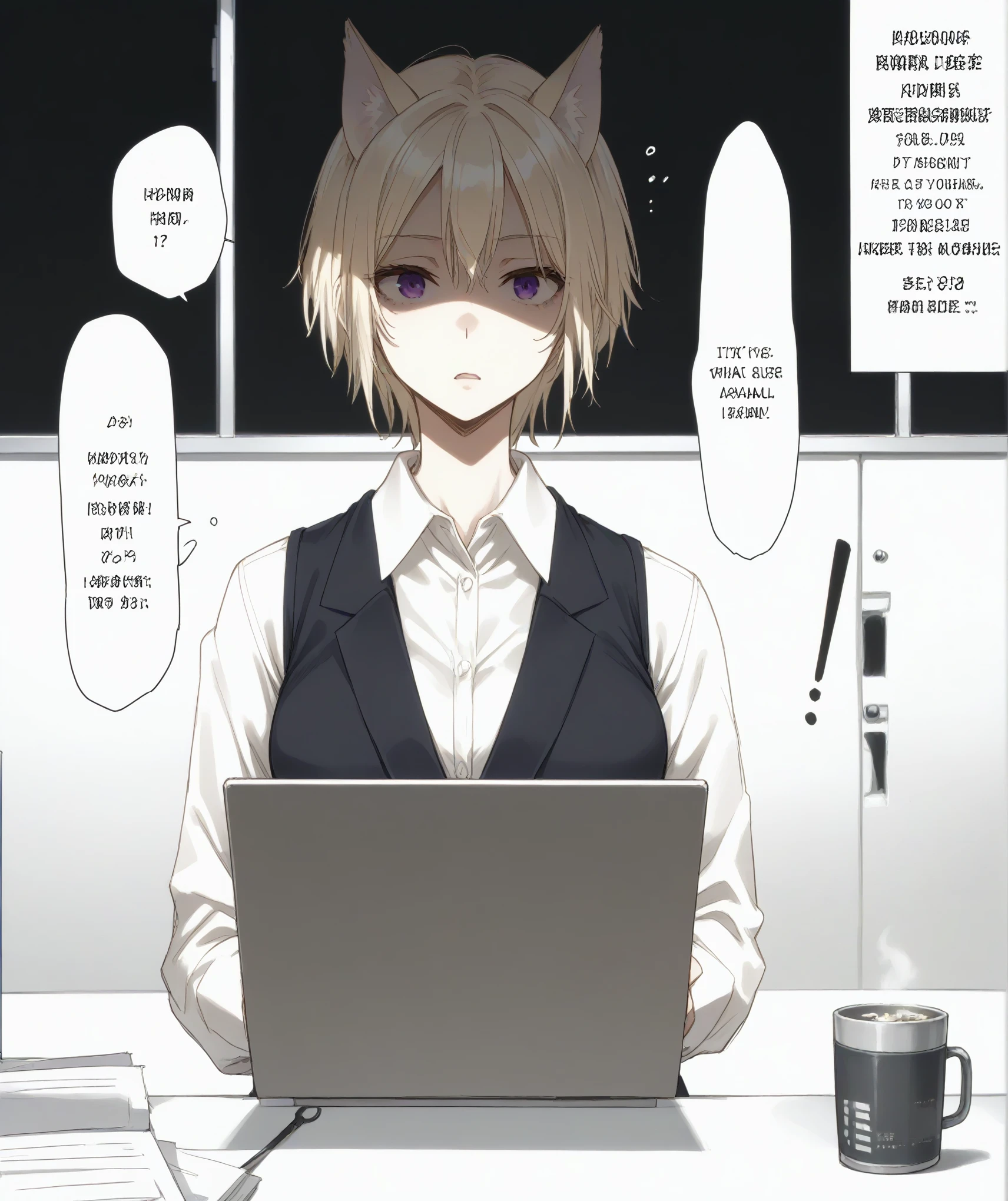 1 girl,short hair,blonde hair,purple eyes,cat ears,tall woman,dialogue windows,in the office,waking up from hipnosis,office lady suit,swear,confusion,
