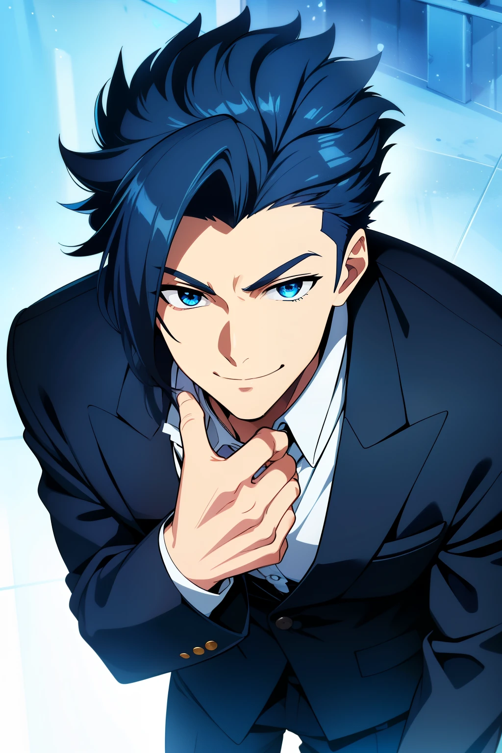 (high-quality, breathtaking), (expressive eyes, perfect face) 1boy, male, solo, dark blue color hair, blue eye color, curly spiky hair, medium hair length, cute face, masculine face, suit, shirt, fully body, happy expression, smile,showman pose
