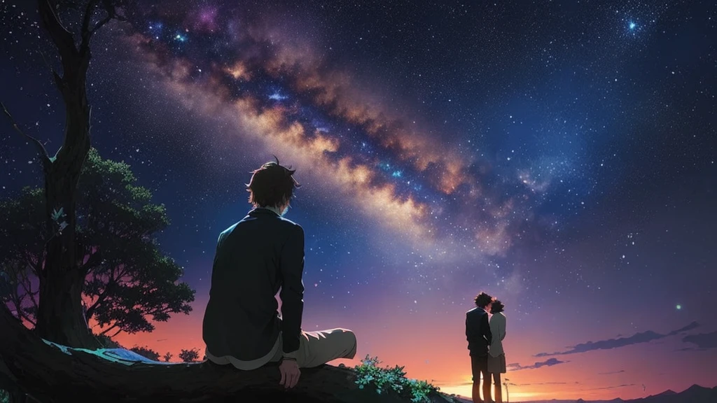 There is a man and a dog sitting on a tree branch., Makoto Shinkai Cyril Rolland, The Tranquility of Infinite Stars, Cyril Rolland and Goro Fujita, Inspired by Cyril Rolland, Cyril Rolland and M.W Karuta, Cyril Rolland and M. W Karuta, Space Sky. by makoto shinkai, Awesome Wallpapers