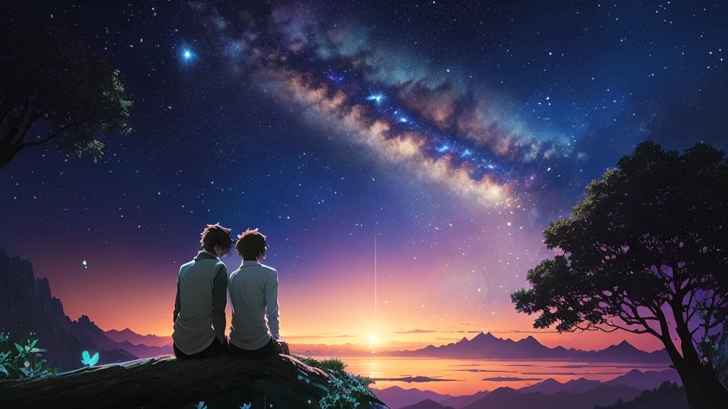 There is a man and a dog sitting on a tree branch., Makoto Shinkai Cyril Rolland, The Tranquility of Infinite Stars, Cyril Rolland and Goro Fujita, Inspired by Cyril Rolland, Cyril Rolland and M.W Karuta, Cyril Rolland and M. W Karuta, Space Sky. by makoto shinkai, Awesome Wallpapers