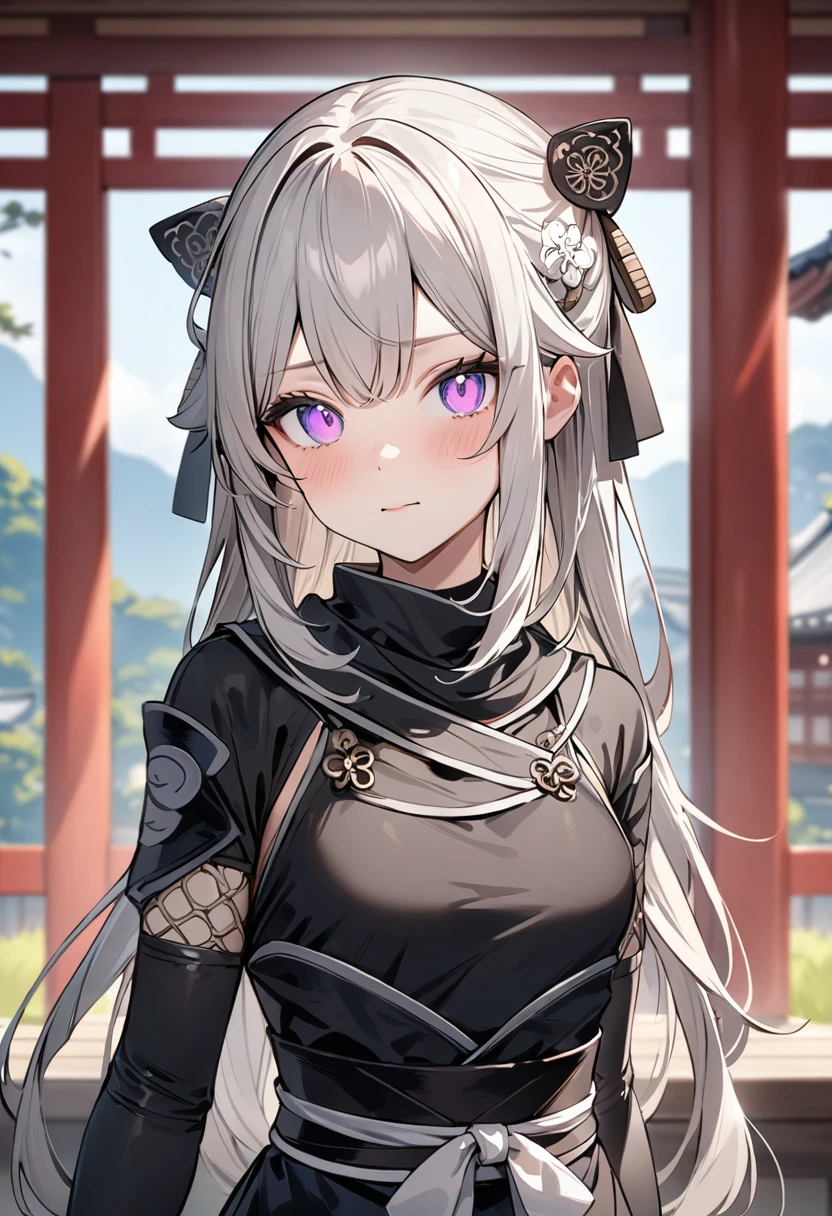 (masterpiece, top quality, very aesthetic, 4k、illustration), intricate detail, 1woman,Standing 、(upper body)、(),Cute 、clear face、Random Hair Color、,middle hair,sidelock ,Random Color　eyes、ninja clothes、small breasts、Slim 、