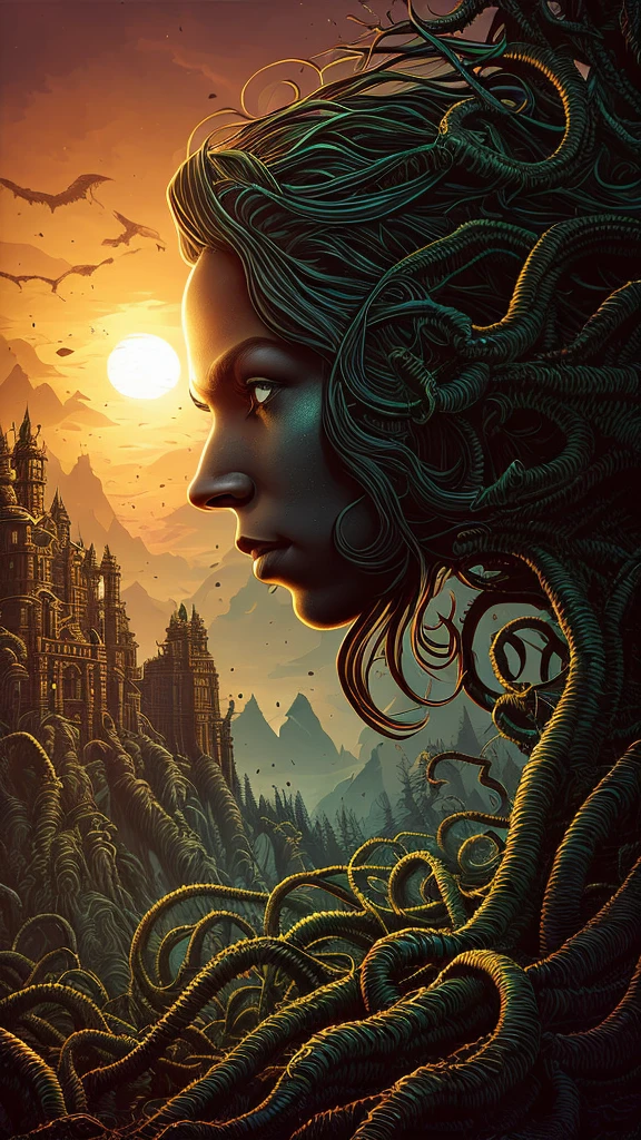 (better lighting, better shadow, work of art, high quality), in profile, (((close-up of the face))), beautiful face of a girl, 18 years old, looking at the horizon, (with flowing dreadlocks :1.1), photography professional polaroid, dark dense forest, waterfall, sunset, sharp symmetrical artistic art, dan mumford style, HDR, realism, 8K, dark fantasy atmosphere, lovecraft style, (JimJorCrafLogo art style:1.3), (close up view )