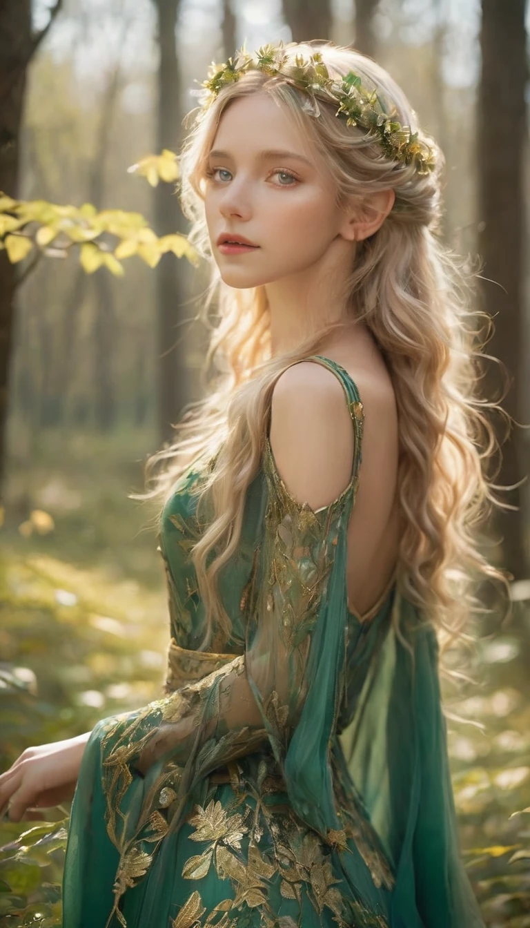 On a sunny spring afternoon, a beautiful blonde elf, green eyes, an expressive face without makeup, walks through the forest. Her golden curly hair with a wildflower tiara shines in the afternoon sun, illuminating the forest between the trees. Her green dress embroidered in gold thread is light and delicate, shoulders showing, sleeves of the dress down to the wrists. Her delicate feet wearing green and gold sandals barely leave marks on the dry foliage. She sings magical and enchanting songs, her voice mixes with the whispering of the trees. The blonde elf is a celestial being, a spirit of nature itself. your presence fills the forest with magic and beauty. Spring comes to life thanks to her. Splashes of lights hover in the air between transparent and iridescent butterflies. 8k. HDR.