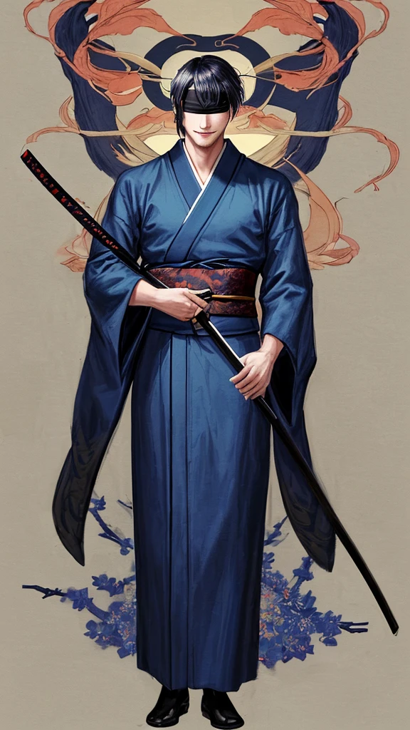 Maximum quality, high quality of image, work of art, 28 year old man, Blindfolded with a dark blue band, Dark blue kimono, two katanas, one in each hand, without hair, smiling,