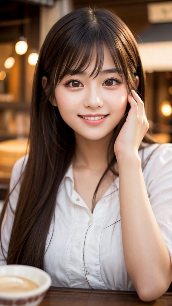 Cute girl working at a cafe terrace　Japanese　１９age　
Professional Lighting　Digital SLR　Beautiful and elaborate face　Perfect and beautiful face　Big eyes Smile