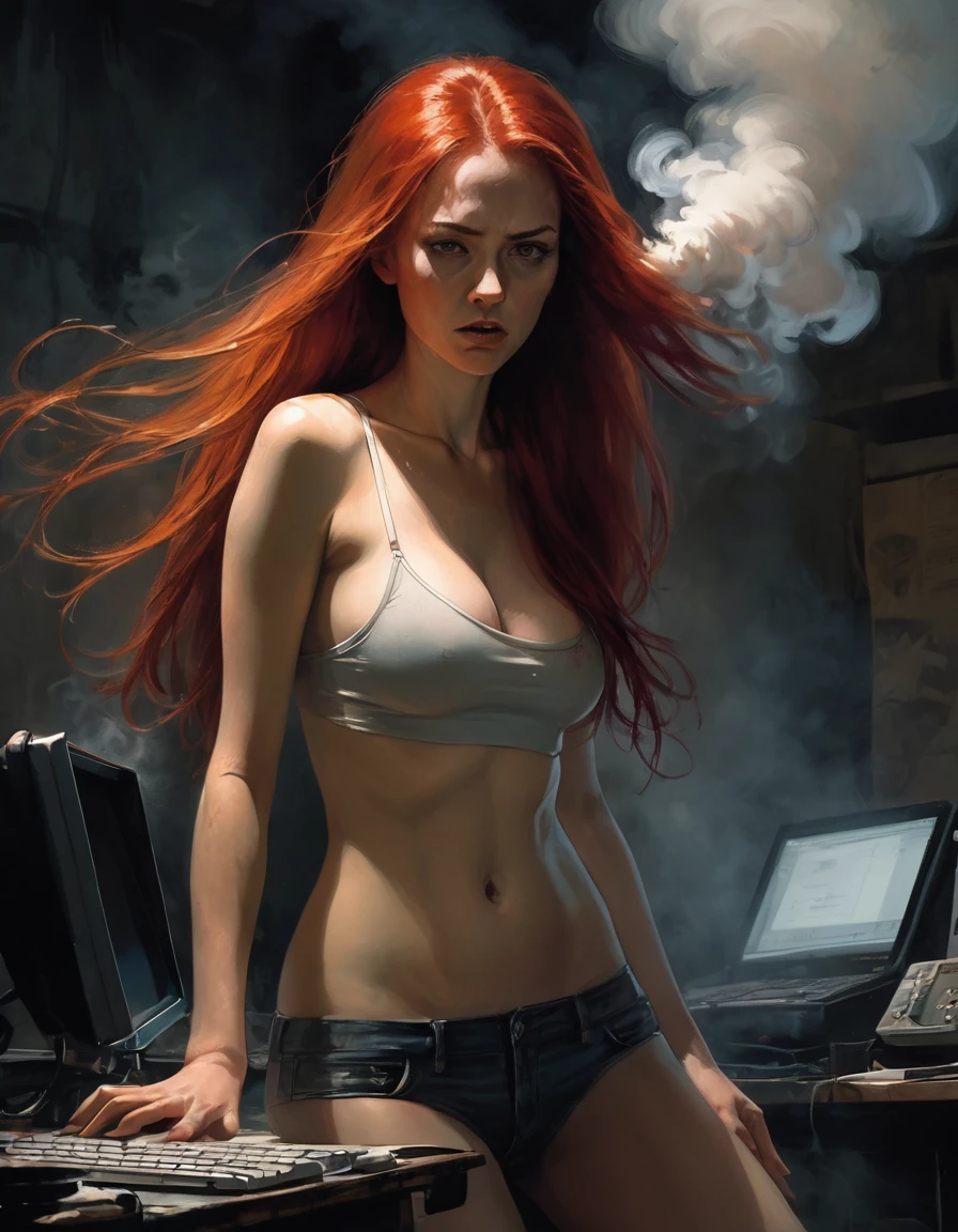 girl with long red hair, very sexy, perfect ass, in panties and tight plain t-shirt, marked nipples, small breasts, looks surprise as smoke comes out of her computer, broken computer, art inspired by Bill Sienkiewicz
