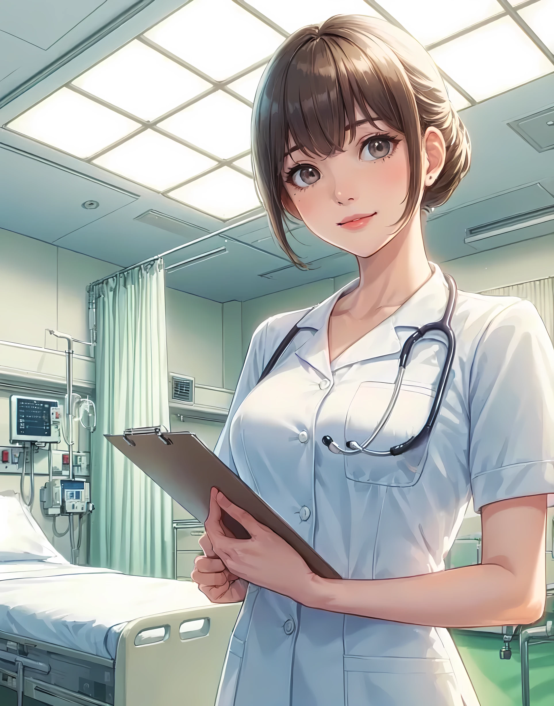 1lady solo, (looking down), (from below), healthcare worker, (nurse uniform), (mature female:0.8), /(beige brown hair/) bangs, kind smile, (masterpiece best quality:1.2) delicate illustration ultra-detailed, large breasts, (holding clipboard), (stethoscope around neck) BREAK (hospital room) indoors, (bright white ceiling:1.2), (perspective from bed:1.2), detailed background