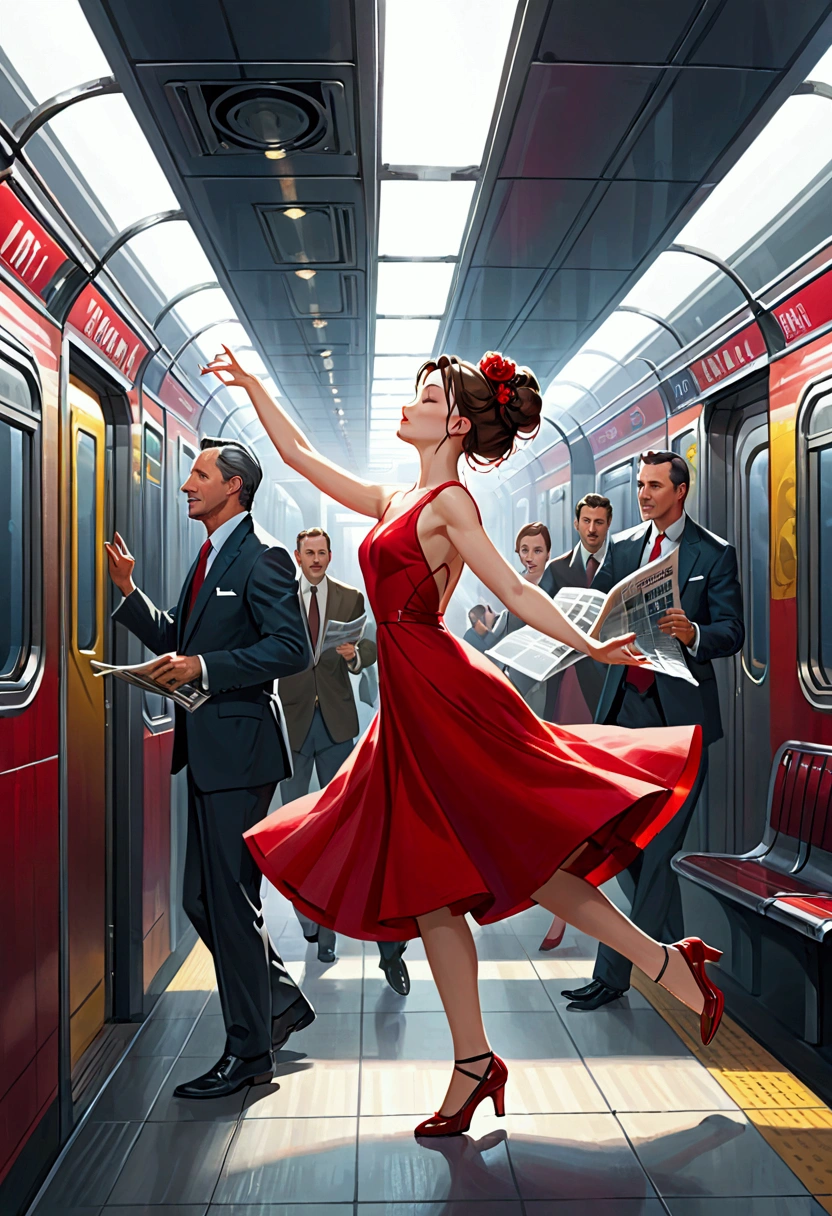 A vivid and captivating painting of an interior subway scene shows a woman in a stunning red dress dances exuberantly, grasping the subway handrails. Her matching red shoes and elegantly styled updo add to her alluring presence. Surrounding her, men are absorbed in their own activities: one reads a newspaper, another strums a guitar, and another appears lost in thought. The lively atmosphere is palpable, with the woman's graceful movements at the center of attention. The rich colors and intricate details create a beautiful contrast between her joyous dance and the ordinary routine of commuting.