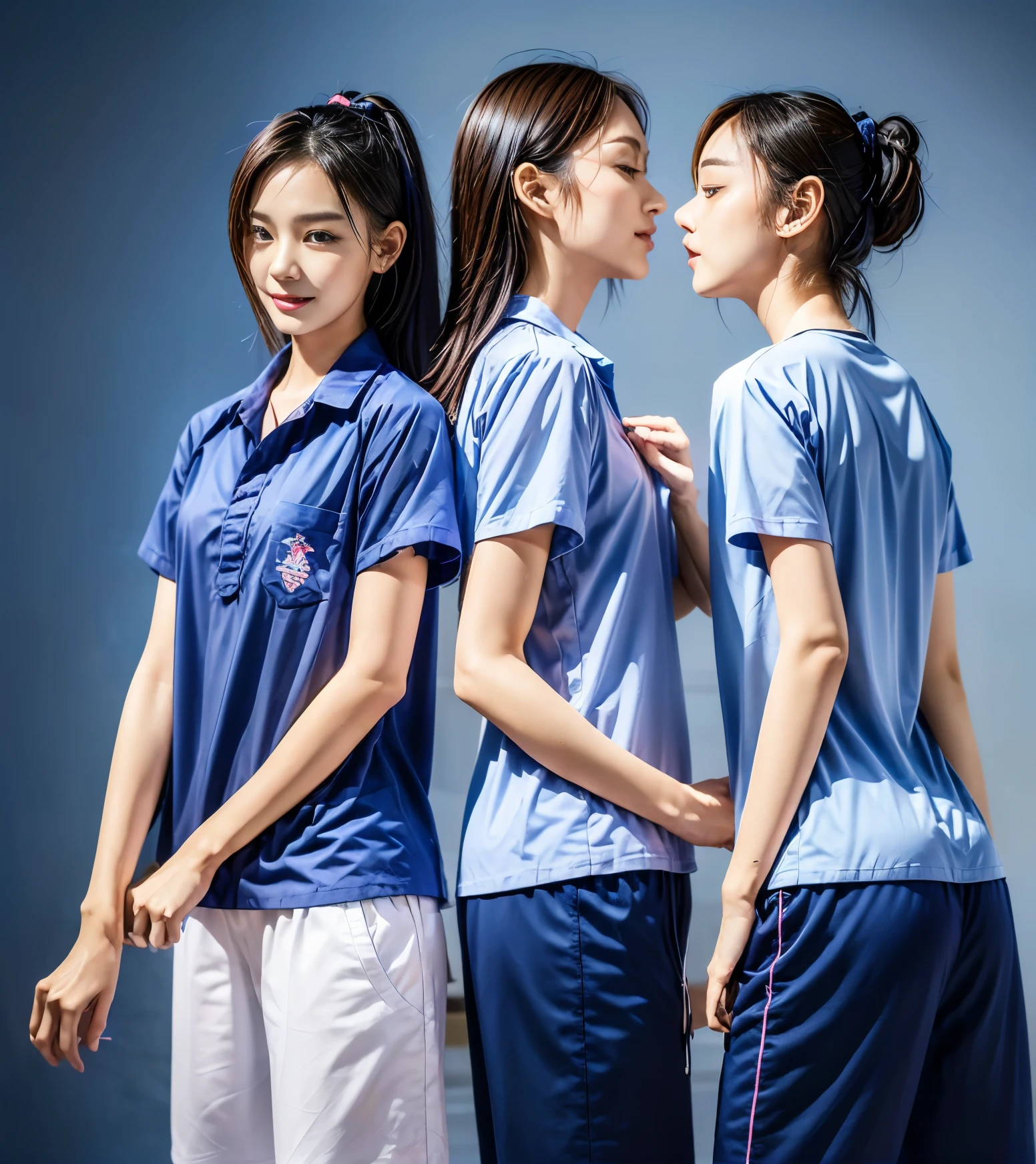(best quality,10,10,height,Masterpiece:1.2),Special details,(realistic,ภาพrealistic,Realistic photos:1.37),1 Cute girl in the kitchen,shiny, ผิวshiny,only,smile softly,BDclothelue shirt:1.3)),short sleeve,shirt, กางเกงขาlong.,(navy_long_track pants:1.1), ((Kitchen Background)),Dynamic angle,excited,Face focus,dynamic poses,from behind,focus on ass,Masterpiece, best quality, ultra realistic, hyper detail, 8k resolution, raw photos, Sharp focus, ((Navy blue shirt:1.1)), short sleeve, เส้นทางlong, perfect body, 2 mature women, 18 years old, Cinema-grade lighting system,blue sweatpants,shirtผ้าออกกำลังกาย,correct anatomy,perfect body, correct body, Sharp face, correct bodyทางกายวิภาค, full body, realistic gestures, long-haired, realistic poses,Wear long shorts...........................,ช่วงขาlong,Good shape,carved girl, Slender figure, model, Good shape, beautiful body,blue sweatpants, two girls kissing