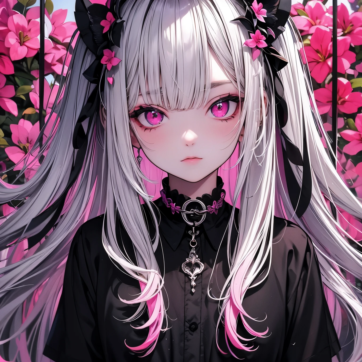 (masterpiece), Highest quality, Ultra-high resolution,Devil with a black ribbon、Silver Hair、Deep pink eyes、Dark pink clothes、bougainvillea、passion