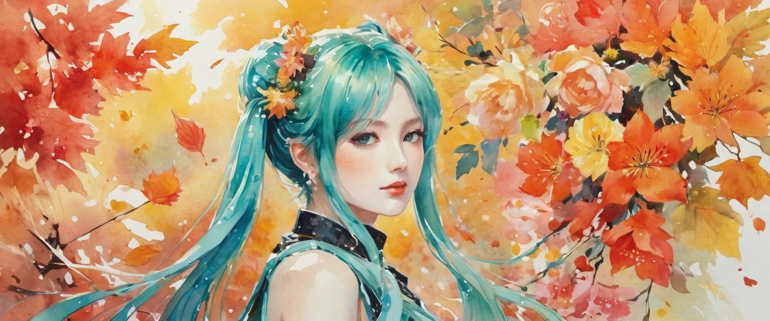 Anime-style Hatsune Miku、((Masterpieces with up to 16K resolution):1.6), ((Intricate details):1.4), ((Very crazy details):1.4),((Highest quality):1.3),((Soft-colored 4K high-definition digital art):1.3). | (((watercolor:1.5))), ((watercolor painting):1.4), ((Paintings of Women by Agnes Cecil):1.3), ((Flowers):1.4), ((Bright design):1.3), ((Autumn Light):1.1), Gouache with Intricate detailss, pastel colour, Drops of ink, Fine brushwork has been improved, Careful brushwork creates a sense of atmosphere, Utilize delicate yet powerful brushwork techniques, Create an enchanting atmosphere. Very fine gouache, ((Unmatched clarity and clarity):1.1), ((Radiosity rendered in astonishing 32K resolution):1.3), All in sharp focus.