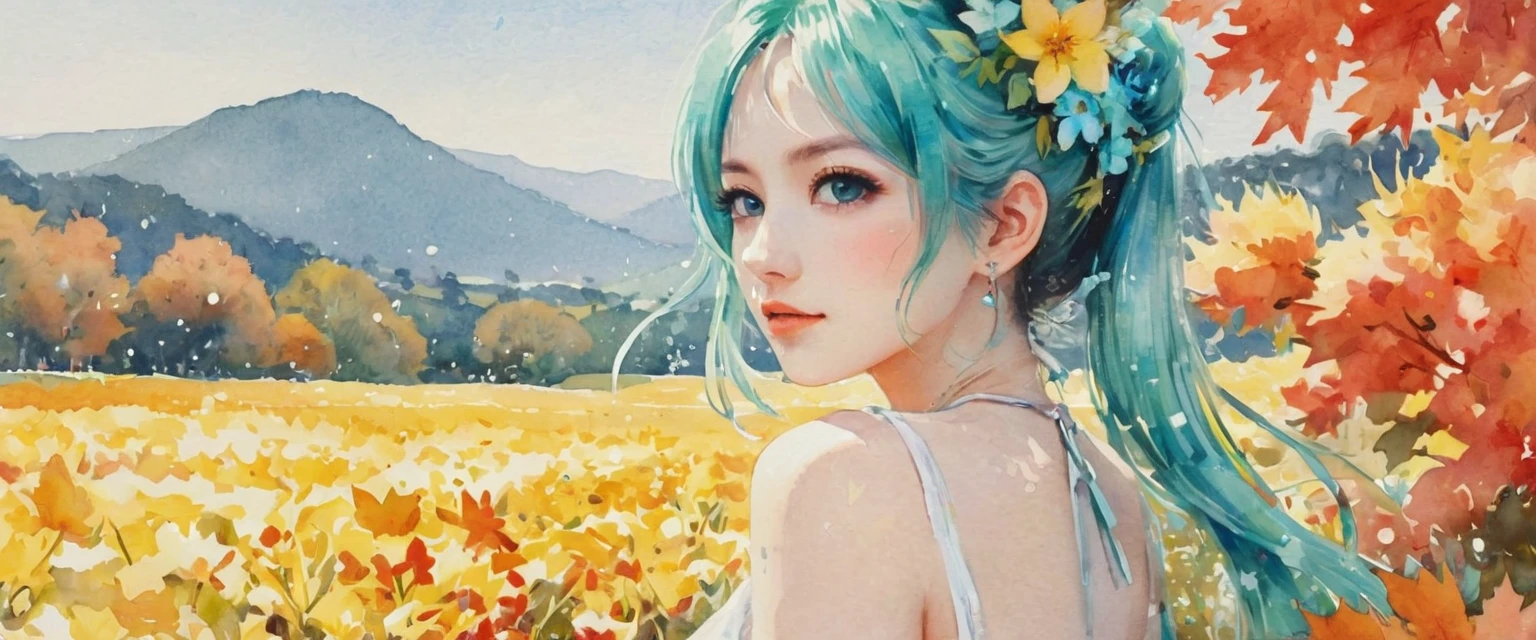 Anime-style Hatsune Miku、((Masterpieces with up to 16K resolution):1.6), ((Intricate details):1.4), ((Very crazy details):1.4),((Highest quality):1.3),((Soft-colored 4K high-definition digital art):1.3). | (((watercolor:1.5))), ((watercolor painting):1.4), ((Paintings of Women by Agnes Cecil):1.3), ((Flowers):1.4), ((Bright design):1.3), ((Autumn Light):1.1), Gouache with Intricate detailss, pastel colour, Drops of ink, Fine brushwork has been improved, Careful brushwork creates a sense of atmosphere, Utilize delicate yet powerful brushwork techniques, Create an enchanting atmosphere. Very fine gouache, ((Unmatched clarity and clarity):1.1), ((Radiosity rendered in astonishing 32K resolution):1.3), All in sharp focus.