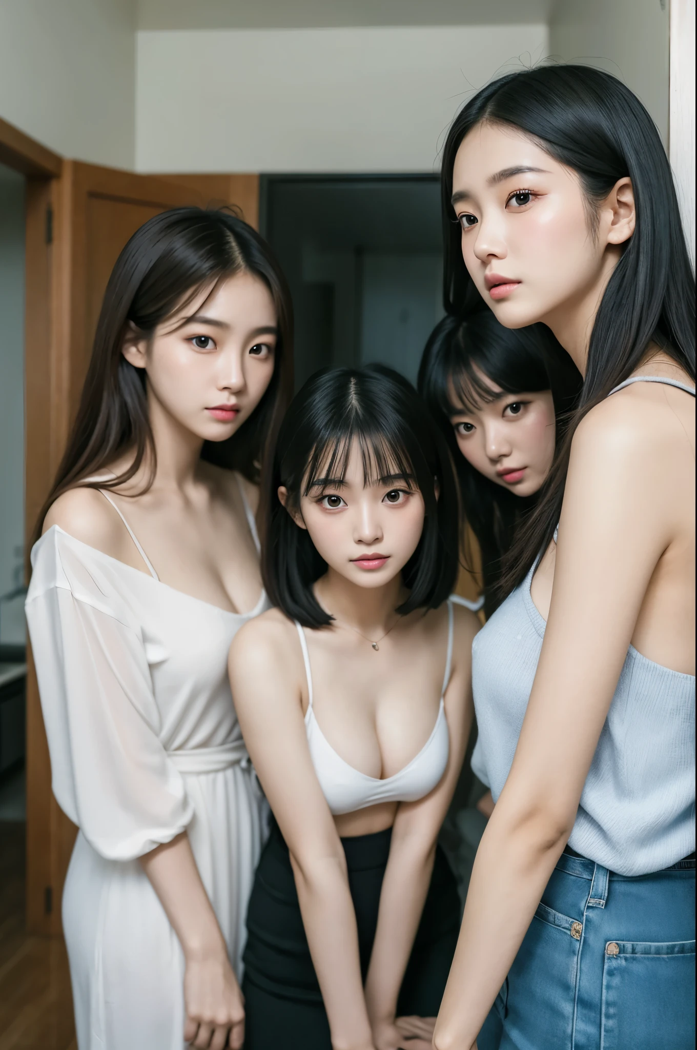 Three Asian women taking a photo in a room, Ulzzang, Three sisters looking in the mirror, 8k)), Popular Korean makeup, Profile picture, beautiful girl, 8k 自撮り写真, Cute - Nice - Face, Popular Korean makeup, Shishion Wu, pretty girl, Korean Girls, avatar Profile picture, sakimichan, very high quality, Surreal Realism, Super polished, high quality, 8k解像度, Diverse styles, Exposing shoulders without exposing breasts,