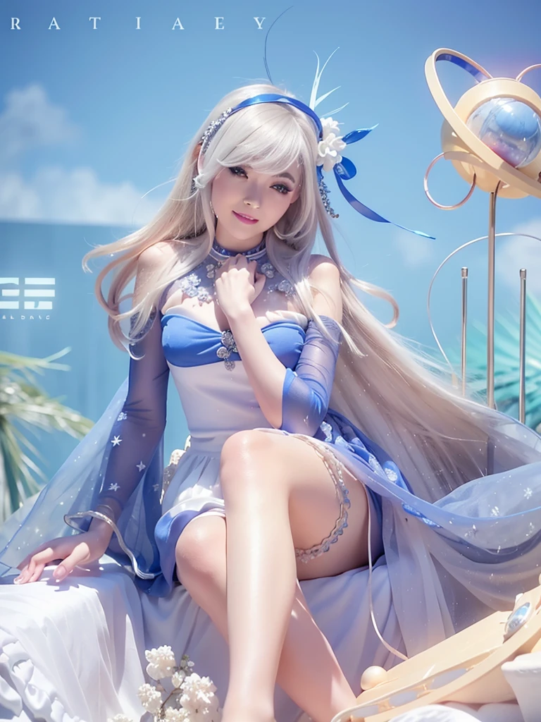 a beautiful woman in a mini blue queen dress, smiling, detailed beautiful eyes, white hair, crown, long eyelashes, blue painted nails, earrings, sensual, makeup, ultra-detailed, 8k, photorealistic, fantasy, cinematic lighting, wearing pearl accessories, elegant, regal, headband 3 horns, sitting gracefully