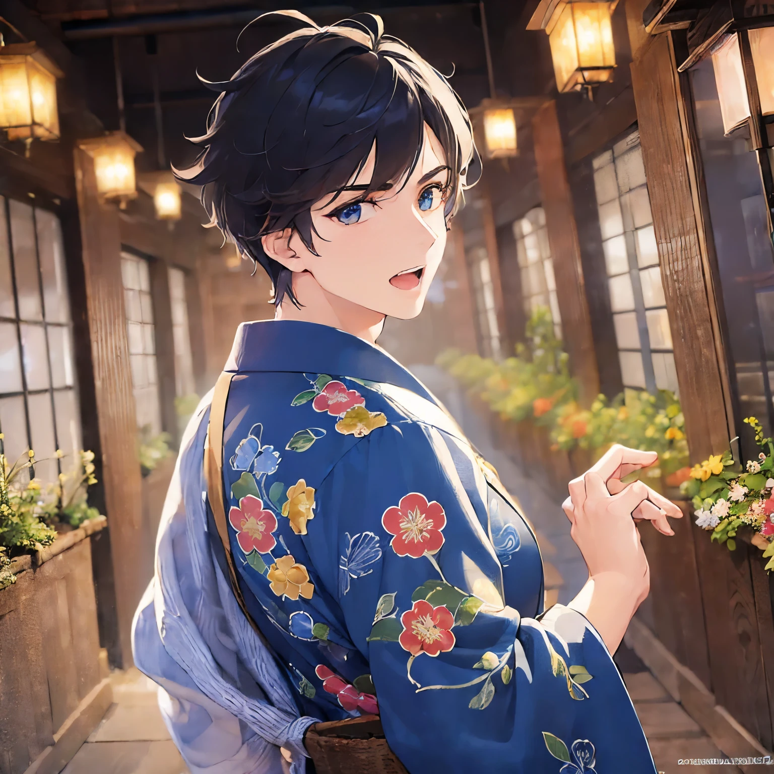 (25-year-old male:2) and(Black short hair) and (blue eyes), (looking away:1.5), upper body、reach out、Shooting from below、
masterpiece、Highest quality、
(Blue) and (yukata),(Serious:1.5),open mouth,The background is a Japanese-style corridor at night,