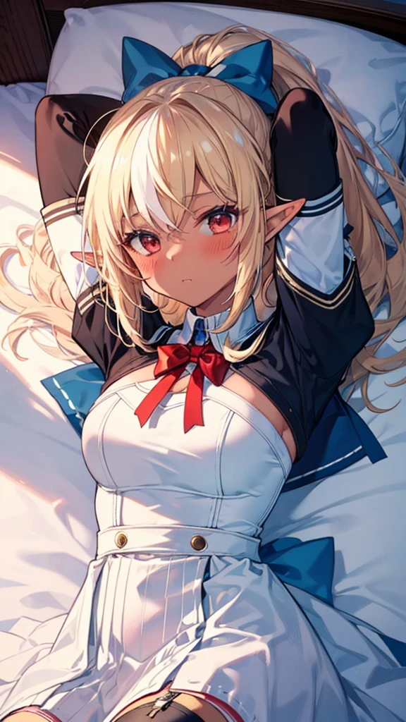 (best quality:1.2), (ultra detailed:1.2),(masterpiece:1.2),(8k:1.2),(1girl, shiranui flare, streaked hair, dark skin, long hair, blonde hair, hair bow, blue bow, pointy ears, 独奏, white gloves, detached sleeves, garter straps, white thighhighs, white dress, red eyes, red bowtie, white hair, long sleeves, ponytail),(Blessed,Captivating body、Ultra detailed hands、Ultra-detailed eyes、Ultra-detailed skin、ultra-detailed face,Detailed Background),One Girl、(bedroom,lie down,blush,arms up:1.5),(Embarrassing:1.5)