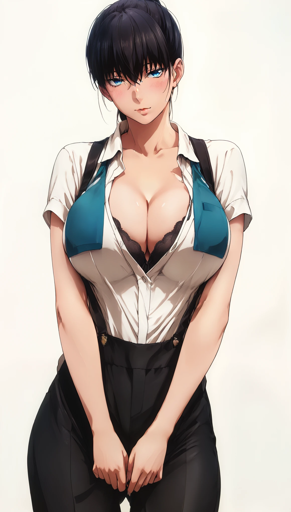 cleavage, score_9, score_8_up, score_7_up, score_6_up, uncensored, akira toudou, black hair high ponytail, blue eyes, hair between eyes, BREAK (masterpiece:1.2), best quality, high resolution, (detailed eyes:1.3), perfect lighting, (perfect hands, perfect anatomy), large breasts, standing, 