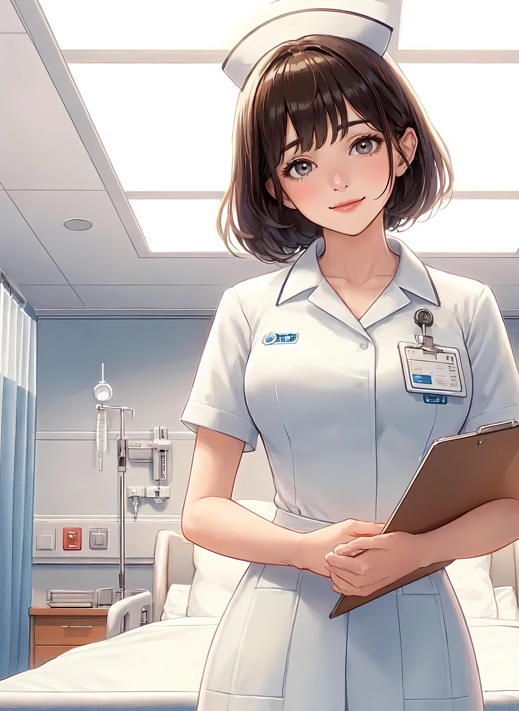 1lady solo, (looking down), (from below), healthcare worker, (nurse uniform), (mature female:0.8), /(dark brown hair/) bangs, kind smile, (masterpiece best quality:1.2) delicate illustration ultra-detailed, large breasts, (holding clipboard) BREAK (hospital room) indoors, (bright white ceiling:1.2), (perspective from bed:1.2), detailed background