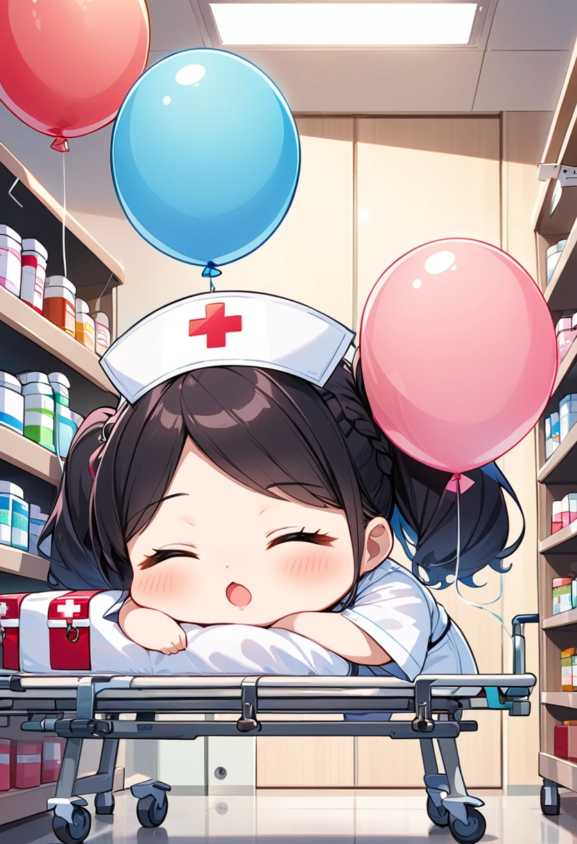 Highest quality、High resolution、Detailed Background、Beautiful face in every detail、Anatomically correct、Detailed facial expressions、fine grain、(full body, (side shot:1.3)), break　((One Girl、Chibi Girl:1.3))、(nurse)、Jet Black Hair、Big beautiful blue eyes、Plump lips with a wide open mouth、Pink Lips、Braided twin tails、break　(nurse服:1.3、nurseキャップ、nurseサンダル)、break　((Sleeping on a stretcher:1.3))、(Nose balloon:1.3)、((Close your eyes:1.3))、(The background is a hospital room.、First aid kits and medicines lined up on shelves)