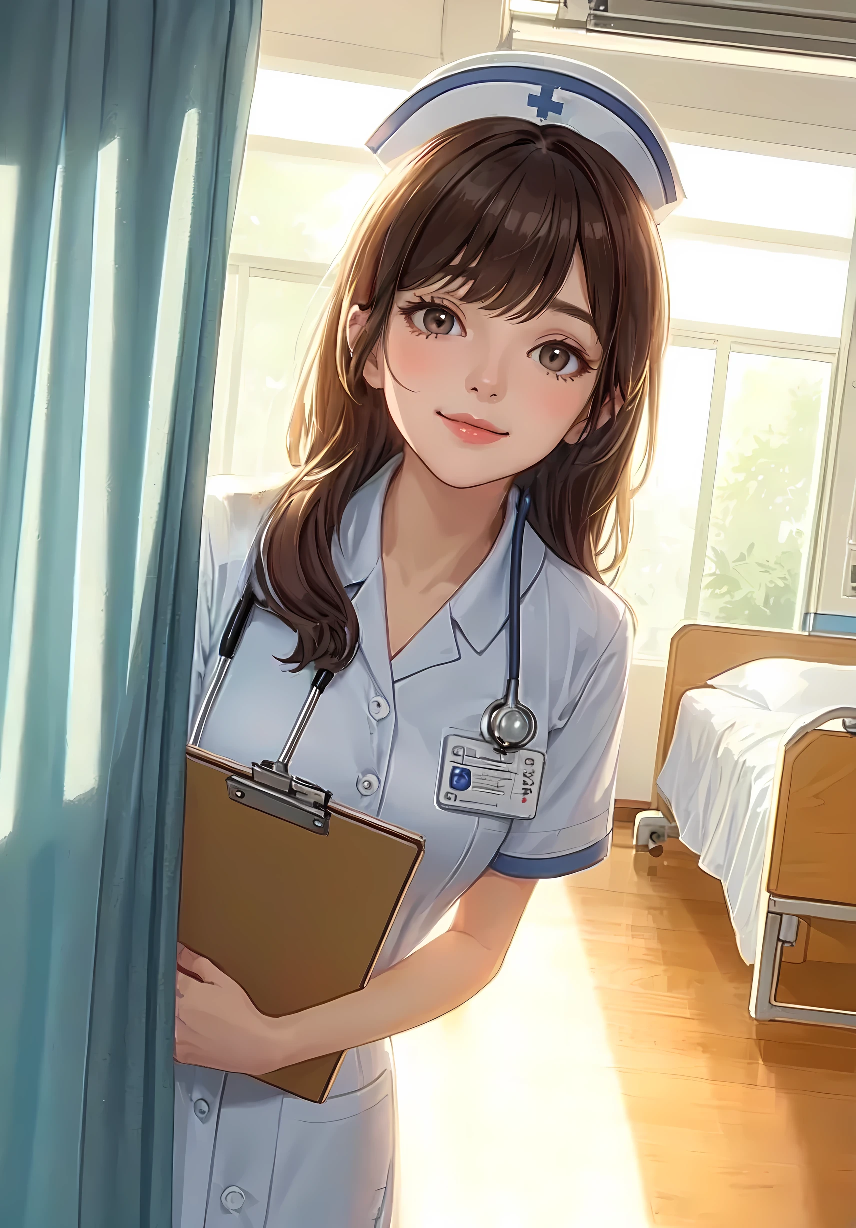 1lady solo, (looking down), (from below), (peeking out from behind partition curtain), healthcare worker, (nurse uniform), (mature female:0.8), /(brown hair/) bangs, kind smile, (masterpiece best quality:1.2) delicate illustration ultra-detailed, large breasts, (holding clipboard), (stethoscope around neck) BREAK (hospital room) indoors, (bright white ceiling:1.2), (perspective from bed:1.2), detailed background