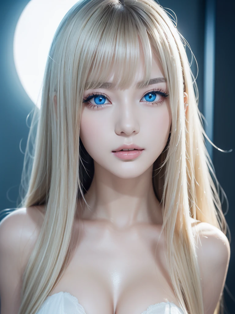 Unparalleled beauty, Glossy, firm and shiny skin, Bangs between the eyes, Beautiful shiny, straight platinum blonde, Super long straight silky hair, eyeliner, sexyで美しい無邪気な20歳, High resolution, Very bright and beautiful large glowing light blue eyes、Very big eyes、Beautiful and lovely girl, ((Huge ))、((erotic、sexy、超High resolution、The lighting is bright、Precise needles without discomfort))、