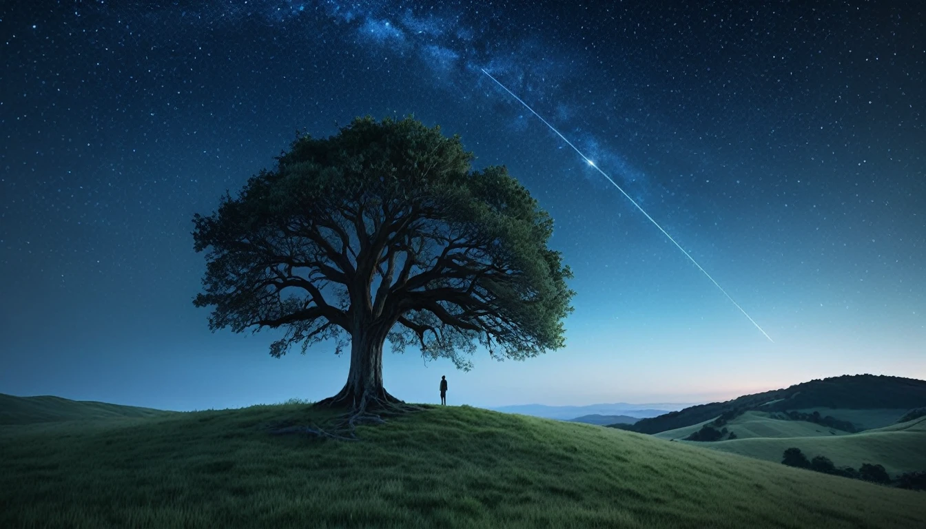 (best quality, masterpiece, ultra detailed, ultra high res, photorealistic, raw photo, absolutely resolution), Create a thumbnail image for a song that conveys deep emotions of longing and hope for reuniting with a lost loved one. The image should feature a serene night sky with a bright, shooting star symbolizing a wish being made. In the foreground, a solitary figure stands under a tree, looking up at the star, with a soft, warm light casting a gentle glow around them. The overall color palette should be a mix of deep blues and soft whites to evoke a sense of nostalgia and tranquility.