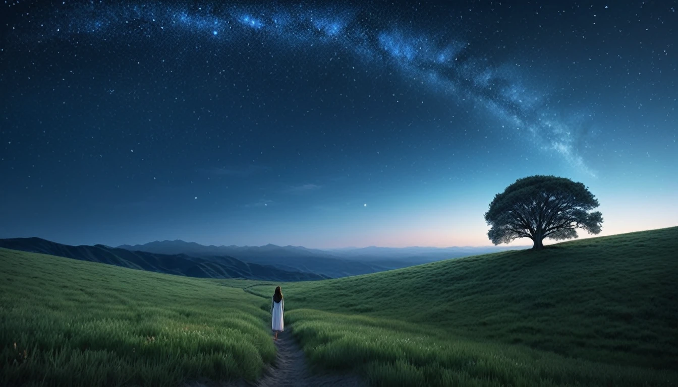 (best quality, masterpiece, ultra detailed, ultra high res, photorealistic, raw photo, absolutely resolution), Create a thumbnail image for a song that conveys deep emotions of longing and hope for reuniting with a lost loved one. The image should feature a serene night sky with a bright, shooting star symbolizing a wish being made. In the foreground, a solitary figure stands under a tree, looking up at the star, with a soft, warm light casting a gentle glow around them. The overall color palette should be a mix of deep blues and soft whites to evoke a sense of nostalgia and tranquility.