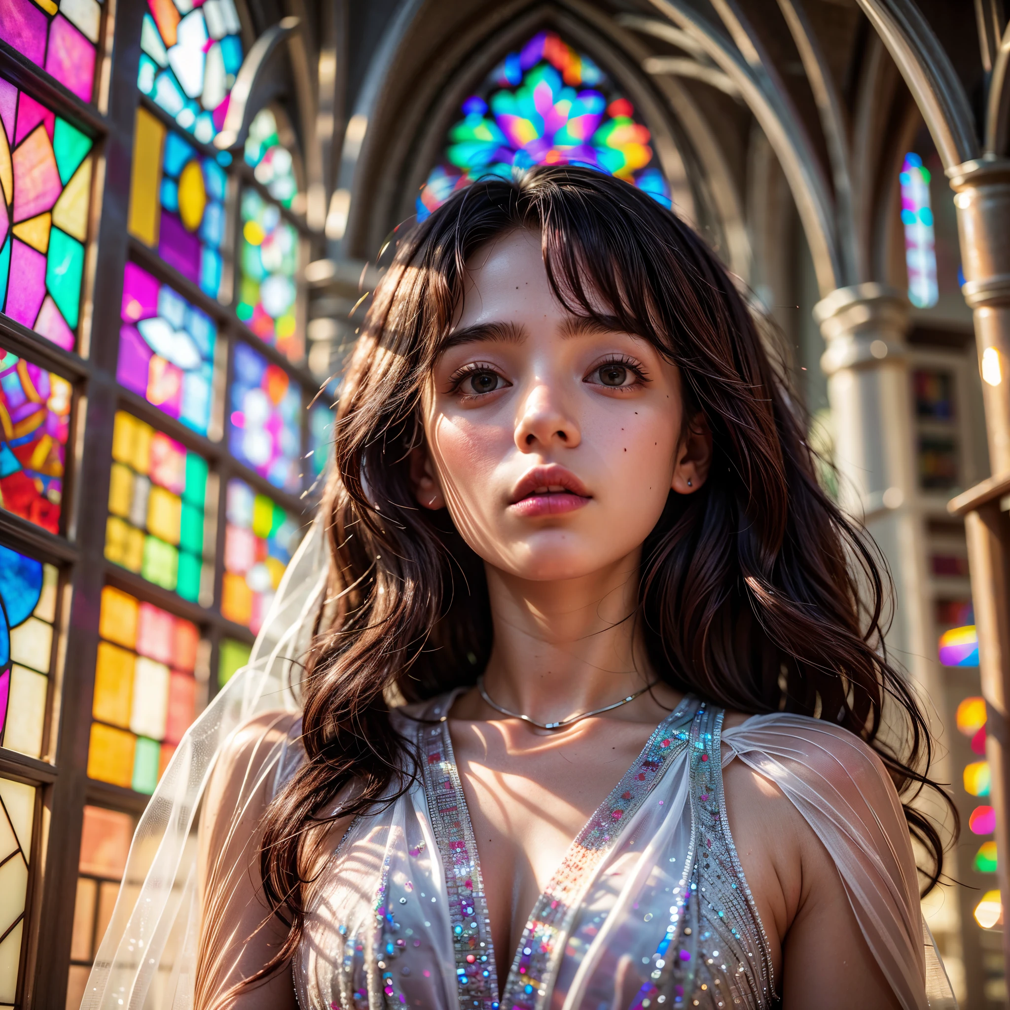 RubyRed (Cathedral from below:1.28) (BokeH ZoomLayer) TopQuality 8K masterpiece of ((Professional photo)), (((Clarisse de Cagliostro))) (Detailed White WeddingDresses), Chain, (CloseUp of (Extremely detailed (KAWAII face))) {((VeiledFace))|BlondeHair|(Elaborate BuleEyes)with(SparklingHighlights:1.28)}, The background is distant (((Elaborate stained glass))) Rainbow Glass, {(MysticSight)|EnchantingAtmosphere|Haze|(GodRays)|TyndallEffect}, Radiant PearlSkin with Transparency, (Exposed:0.39)