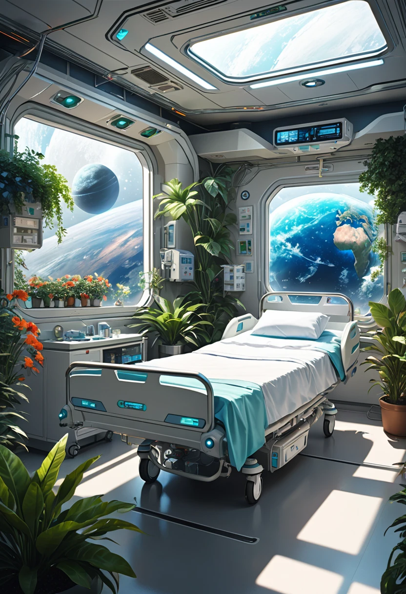 a nurse, science fiction hospital rooms in planetary orbit, artificial plants, nursing beds, stars in deep space seen from the window, masterpiece, best quality, high resolution, realistic, detailed,