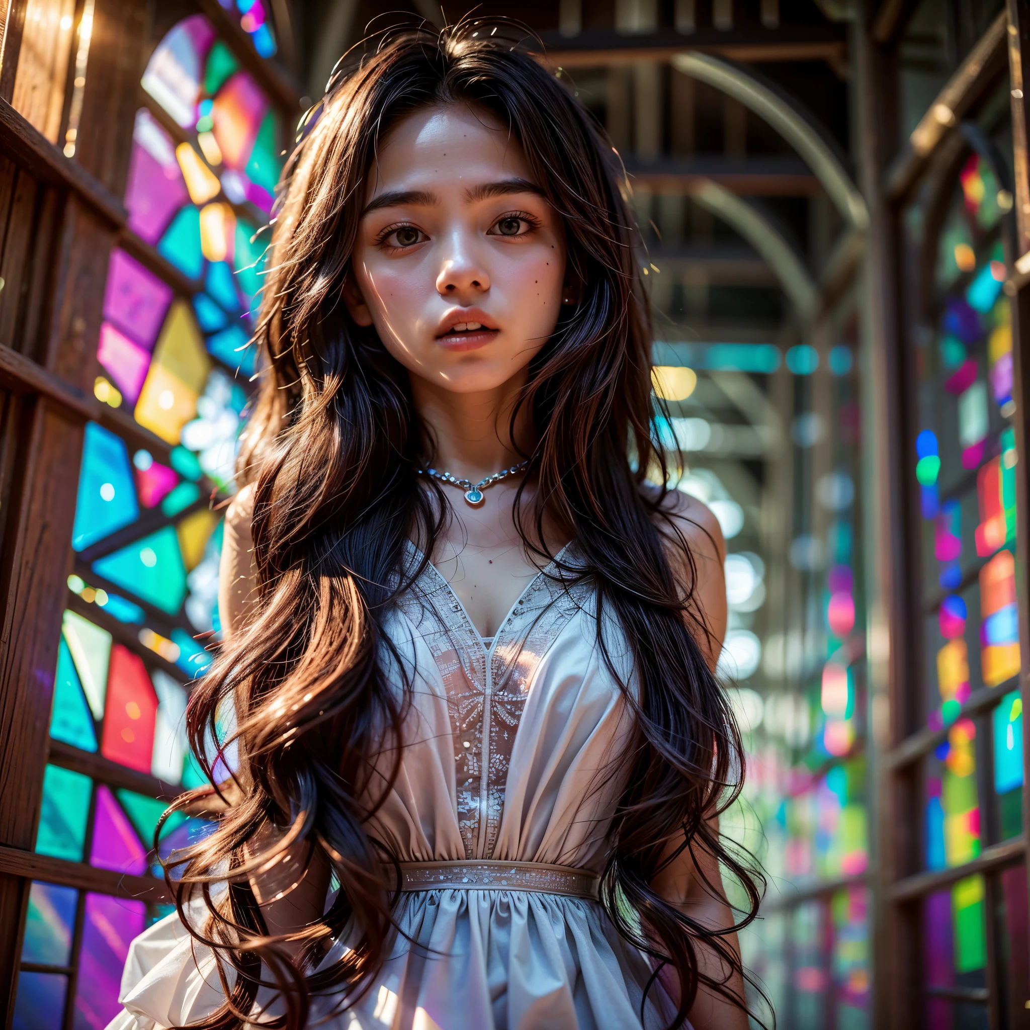RubyRed (Cathedral from below:1.28)  (BokeH ZoomLayer) TopQuality 8K masterpiece of ((Professional photo)), (((Clarisse de Cagliostro))) (Detailed White WeddingDresses), Chain, (CloseUp of (Extremely detailed (KAWAII face))) {((VeiledFace))|BlondeHair|(Elaborate BuleEyes)with(SparklingHighlights:1.28)}, The background is distant (((Elaborate stained glass))) Rainbow Glass, {(MysticSight)|EnchantingAtmosphere|Haze|(GodRays)|TyndallEffect}, Radiant PearlSkin with Transparency, (Exposed:0.39)