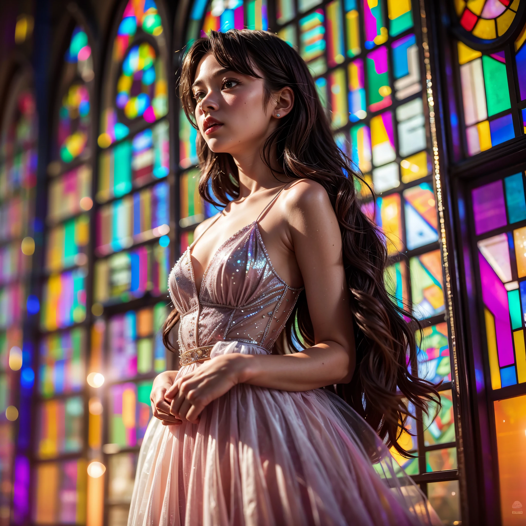 RubyRed (Cathedral from below:1.28) (BokeH ZoomLayer) TopQuality 8K masterpiece of ((Professional photo)), (((Clarisse de Cagliostro))) (Detailed White WeddingDresses), Chain, (CloseUp of (Extremely detailed (KAWAII face))) {((VeiledFace))|BlondeHair|(Elaborate BuleEyes)with(SparklingHighlights:1.28)}, The background is distant (((Elaborate stained glass))) Rainbow Glass, {(MysticSight)|EnchantingAtmosphere|Haze|(GodRays)|TyndallEffect}, Radiant PearlSkin with Transparency, (Exposed:0.39)