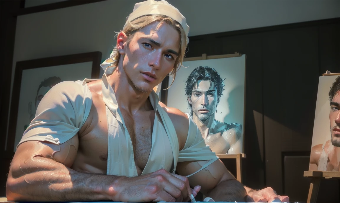 "((highly detailed, detailed eyes, detailed face, clear and realistic facial features, photorealistic, realistic light; cinematic)), ((((life drawing class)))), (((seductive sensual erotic gorgeous male model posing))), ((wearing a white toga))."