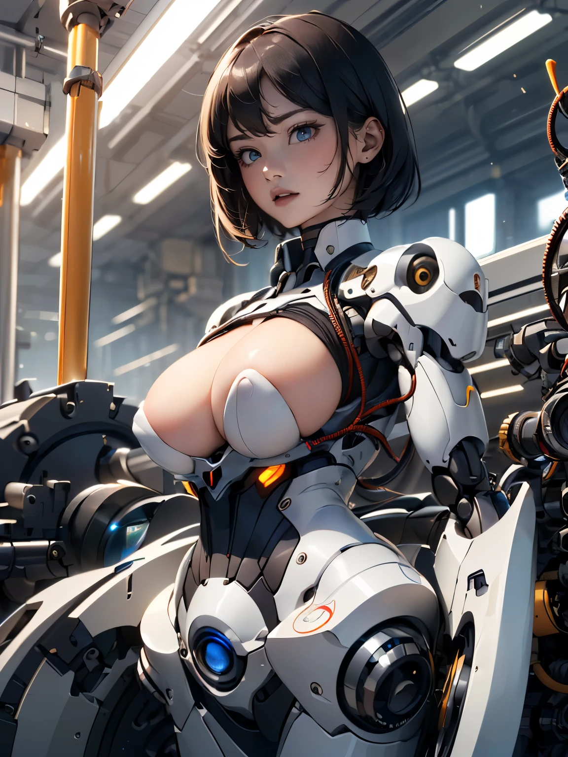 (a humanoid has mechanical body, short hair, (((emit rays from many large lens on her body, stylish fairing, of breasts))), cables, round face, in a huge factory), drooping eyes, machine legs,