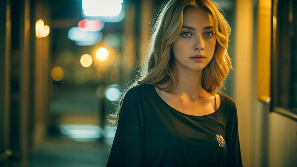 tatuados,Beautiful blonde with big breasts in a black T-shirt、Many tattoos on arms and neck、 (Late night school hallway、walk),Candlelight only,Very detailed, 21 years old, Innocent face, Wavy Hair, blue eyes, High resolution, masterpiece, Highest quality, Intricate details, Very detailed, Clear focus, Delicate skin, practical skin texture, texture, Delicate eyes, Professional, 4K, Sad face,despair、 Shot with Canon, 85mm, Shallow and deep, Kodak Vision Color, Exactly, Very detailed, photograph_\(Extremist\), photographpractical, practical, Post-processing, Maximum details, Roughness, Real Life, Extremist practical, Photorealism, photographgraphy, 8K Ultra HD, photographgraphy
