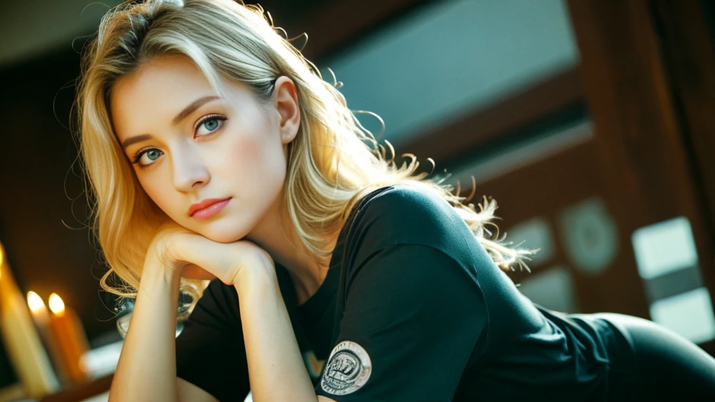 tatuados,Beautiful blonde with big breasts in a black T-shirt、Many tattoos on arms and neck、 (Late night school hallway、walk),Candlelight only,Very detailed, 21 years old, Innocent face, Wavy Hair, blue eyes, High resolution, masterpiece, Highest quality, Intricate details, Very detailed, Clear focus, Delicate skin, practical skin texture, texture, Delicate eyes, Professional, 4K, Sad face,despair、 Shot with Canon, 85mm, Shallow and deep, Kodak Vision Color, Exactly, Very detailed, photograph_\(Extremist\), photographpractical, practical, Post-processing, Maximum details, Roughness, Real Life, Extremist practical, Photorealism, photographgraphy, 8K Ultra HD, photographgraphy