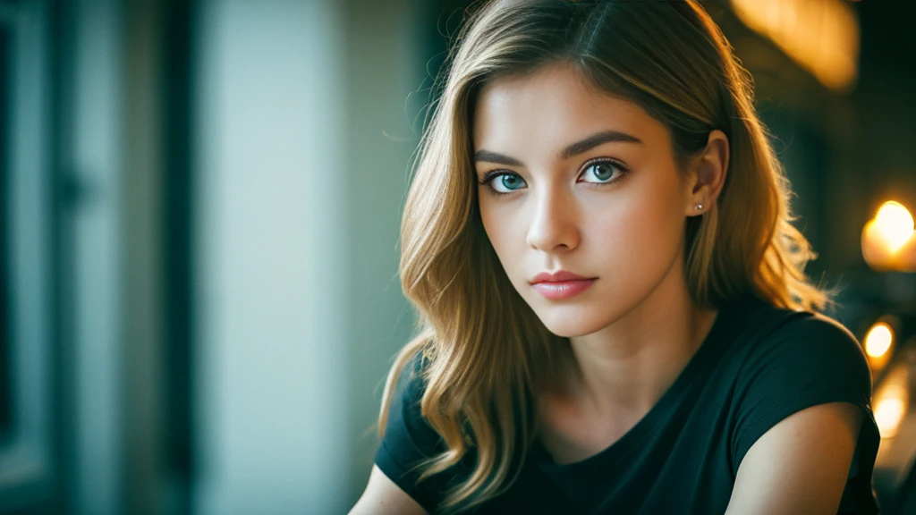 tatuados,Beautiful blonde with big breasts in a black T-shirt、Many tattoos on arms and neck、 (Late night school hallway、walk),Candlelight only,Very detailed, 21 years old, Innocent face, Wavy Hair, blue eyes, High resolution, masterpiece, Highest quality, Intricate details, Very detailed, Clear focus, Delicate skin, practical skin texture, texture, Delicate eyes, Professional, 4K, Sad face,despair、 Shot with Canon, 85mm, Shallow and deep,  Kodak Vision Color, Exactly, Very detailed, photograph_\(Extremist\), photographpractical, practical, Post-processing, Maximum details, Roughness, Real Life, Extremist practical, Photorealism, photographgraphy, 8K Ultra HD, photographgraphy